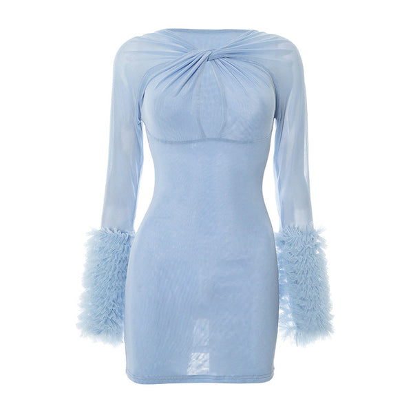 Long sleeve ruffle hollow out mesh mini dress