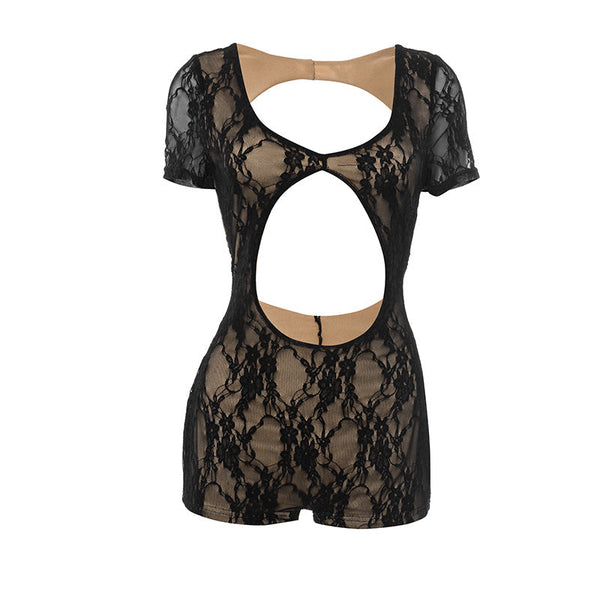 Short sleeve hollow out u neck lace romper