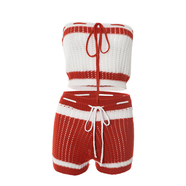 Self tie hollow out striped medium rise tube pant set