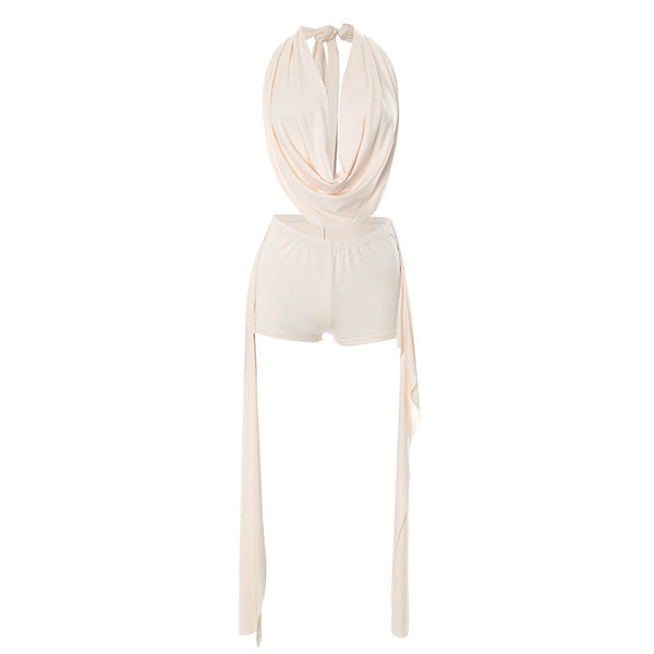 Cowl neck halter self tie low rise pant set