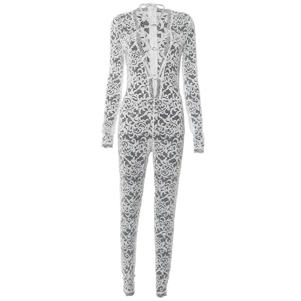 Hollow out o ring lace long sleeve self tie jumpsuit