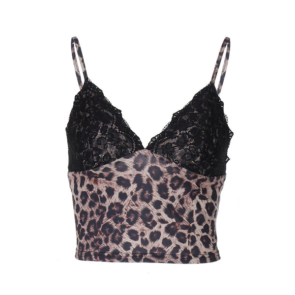 Leopard print v neck lace hem cami top