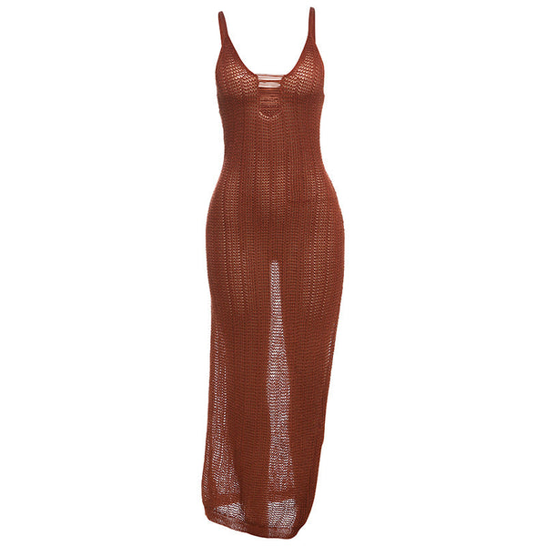 Hollow out u neck see through slit cami maxi dress