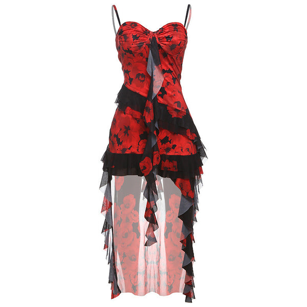 Mesh v neck ruffle print cami mini dress