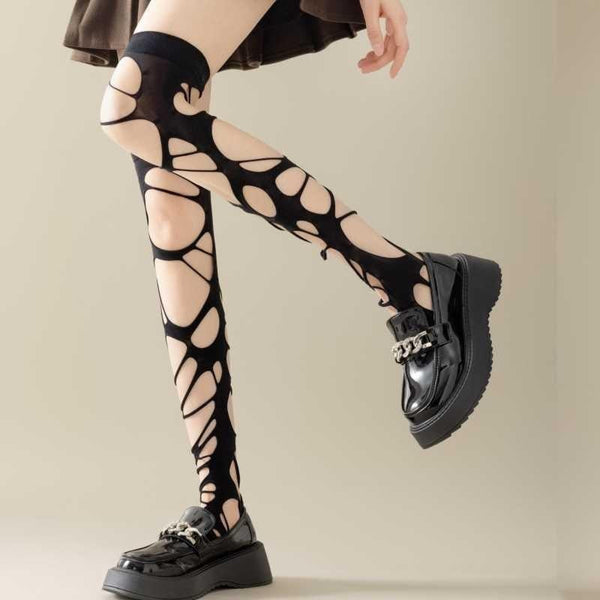 Hollow out irregular thigh high socks