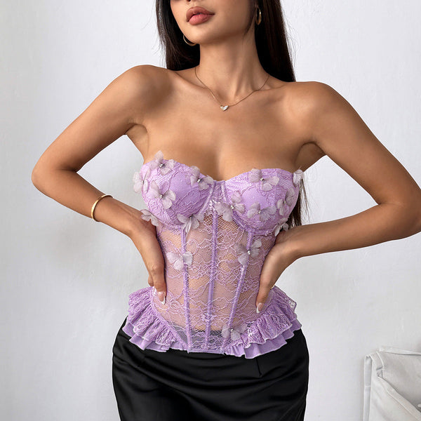 Butterfly applique ruffle bustier lace top