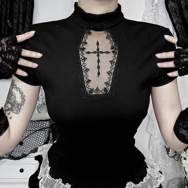 Short sleeve high neck ruffle solid top