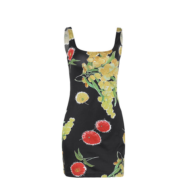 Square neck print backless tank mini dress