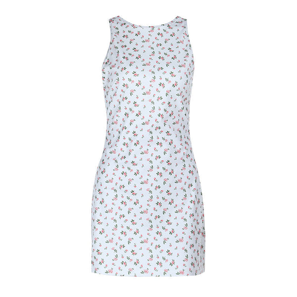 Crewneck flower print backless self tie mini dress