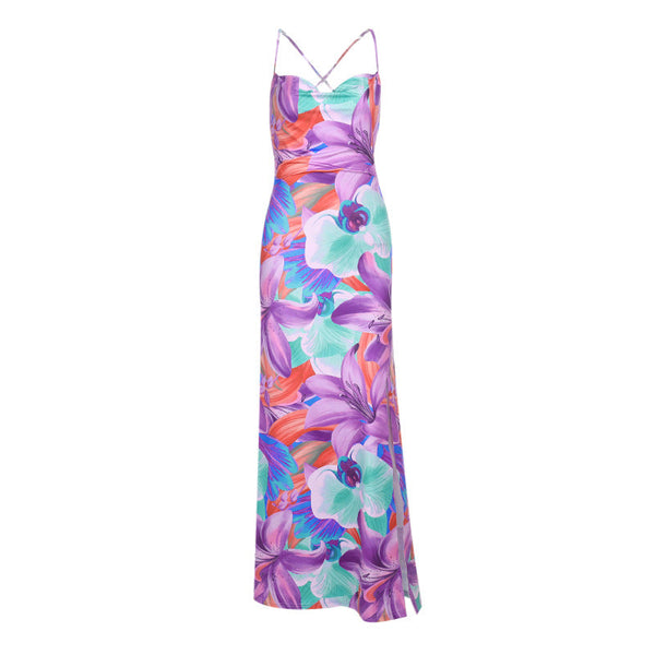 Cross back flower print cowl neck slit maxi dress