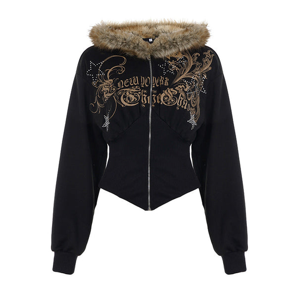 Long sleeve hoodie fluffy zip-up beaded print top
