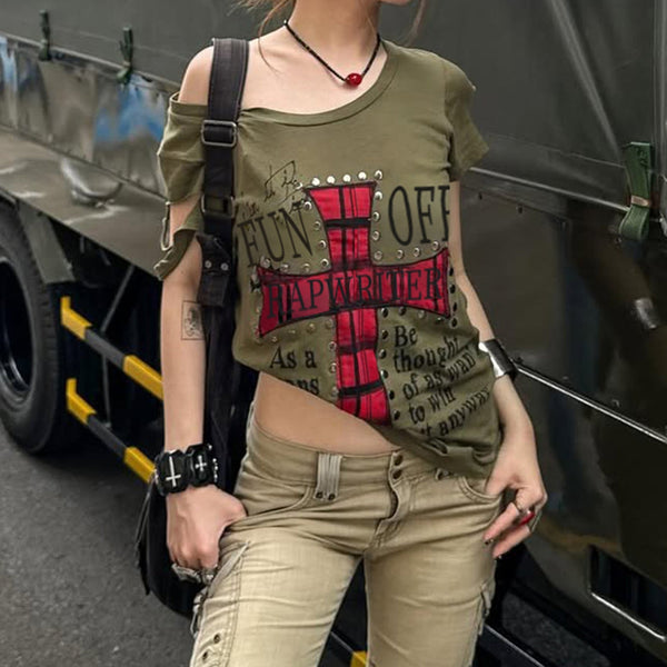 Short sleeve hollow out irregular letter print top