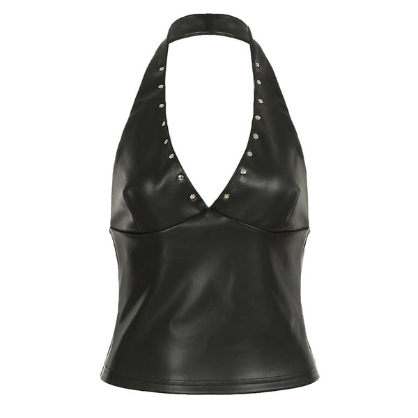 Halter zip-up PU leather v neck top