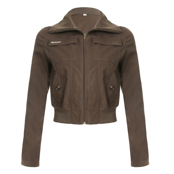 Turnover collar long sleeve zip-up pocket top