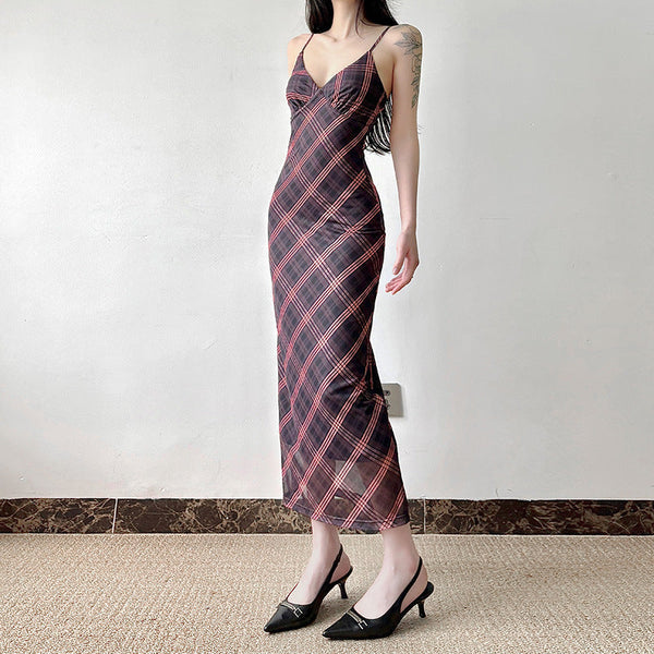 V neck plaid print mesh cami maxi dress