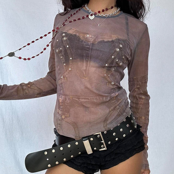 Long sleeve crewneck mesh print top