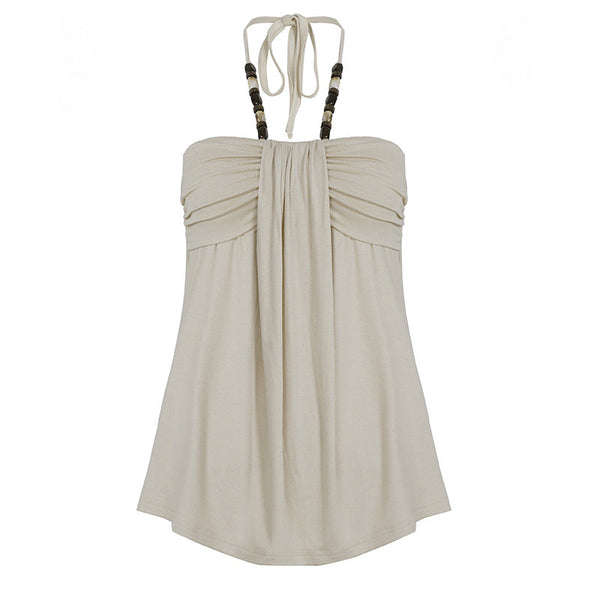 Halter beaded ruched self tie top