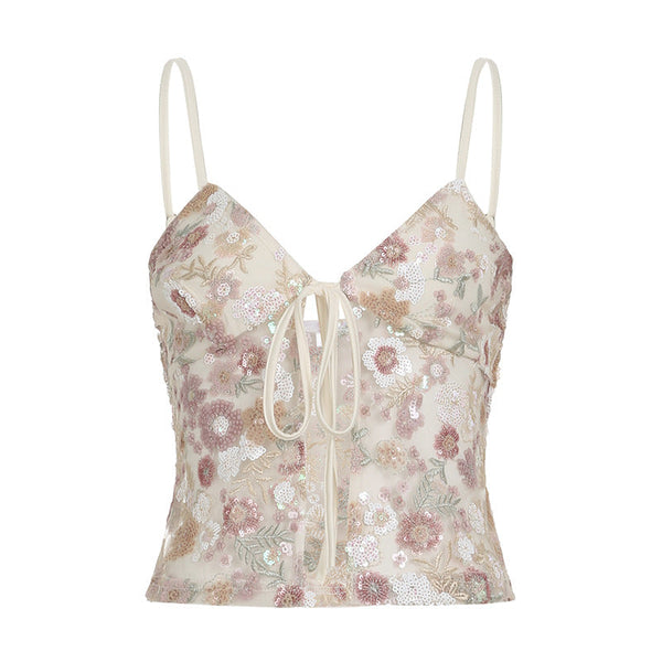 V neck glitter flower pattern self tie cami top