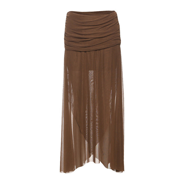 Ruched irregular mesh solid maxi skirt