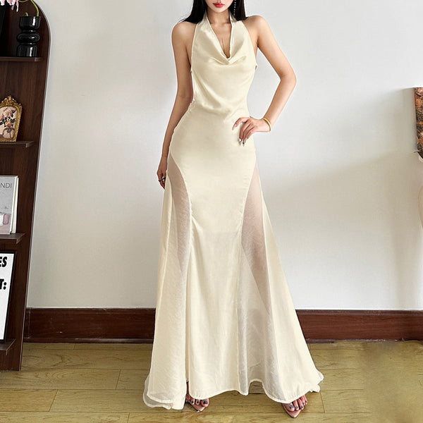 Cowl neck zip-up backless solid maxi dress