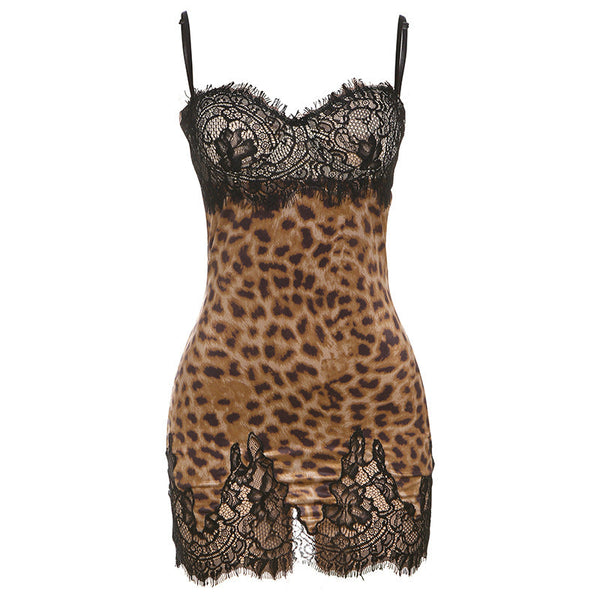 Leopard print lace hem v neck cami mini dress