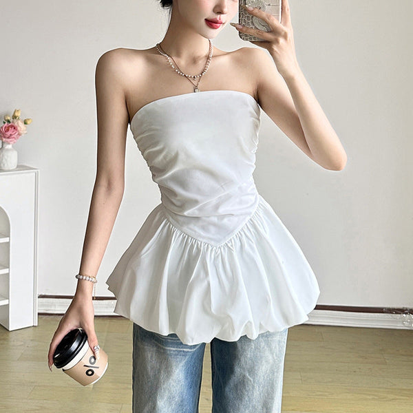 Ruched zip-up backless solid tube top