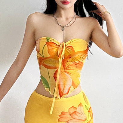 Hollow out self tie flower print ruffle tube top