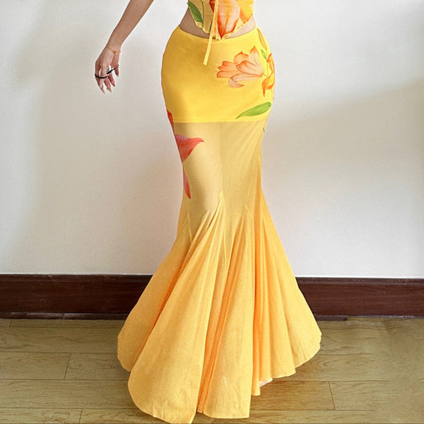 Ruched flower print mesh maxi skirt