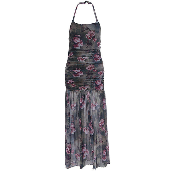 Halter flower print mesh ruched maxi dress