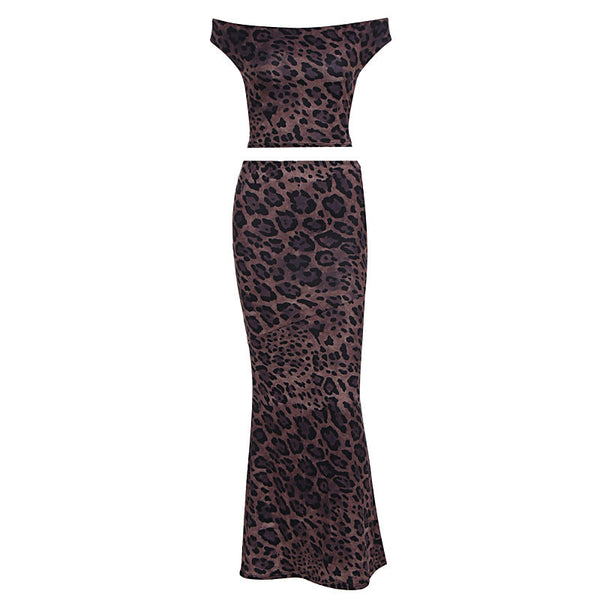 Leopard print off shoulder lace up maxi skirt set