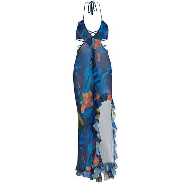 V neck halter ruffle self tie slit print maxi dress
