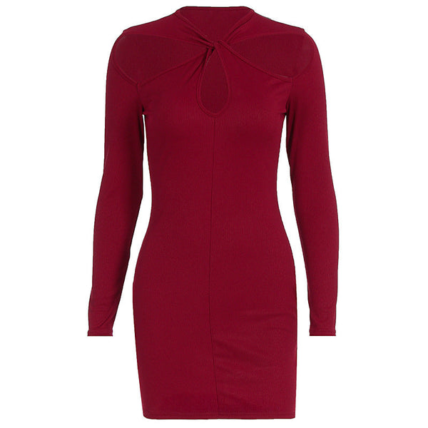 Long sleeve hollow out solid mini dress