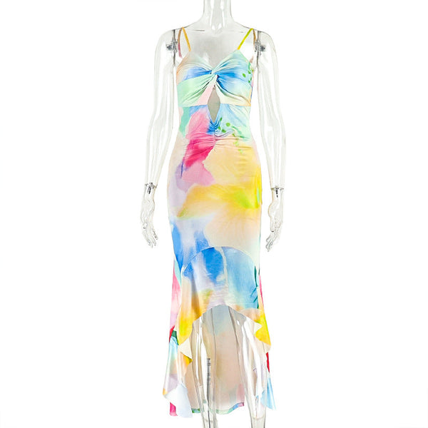 V neck ruched hollow out contrast cami maxi dress