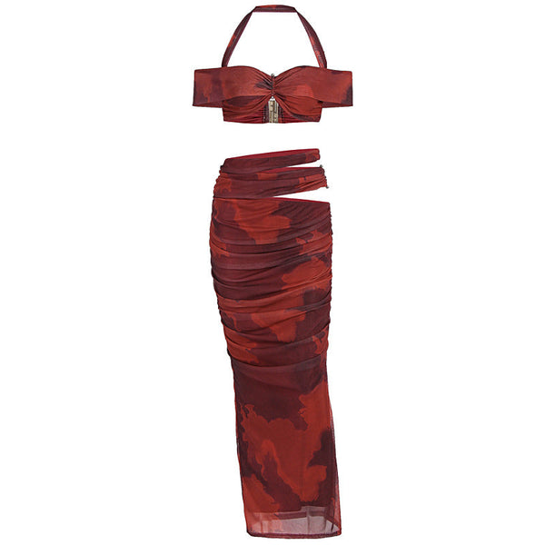 Halter off shoulder ruched hollow out maxi skirt set