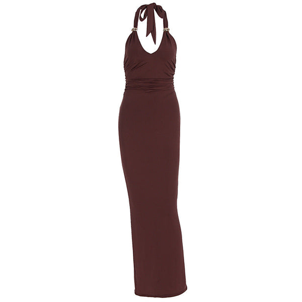 Halter self tie solid ruched v neck maxi dress
