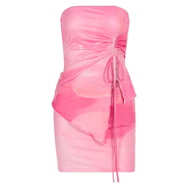 Drawstring ruched print mini skirt set