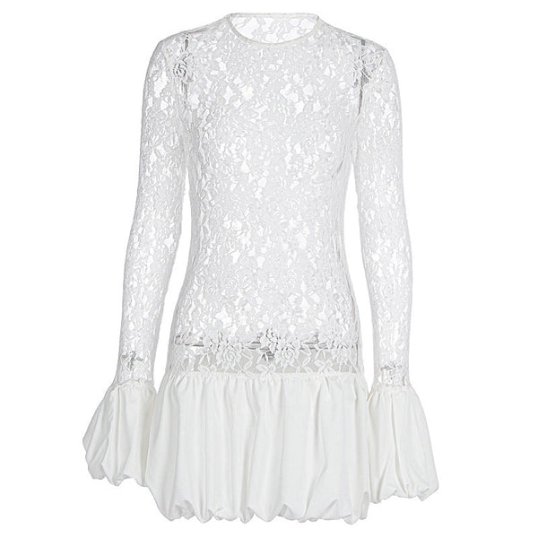 Long sleeve lace patchwork crewneck mini dress