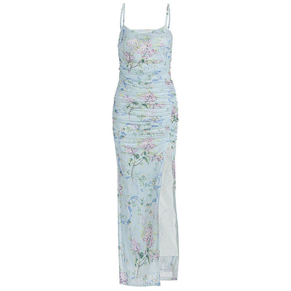 Flower print ruched high slit cami maxi dress