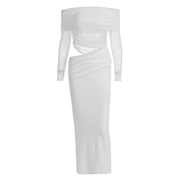 Long sleeve mesh off shoulder hollow out maxi dress