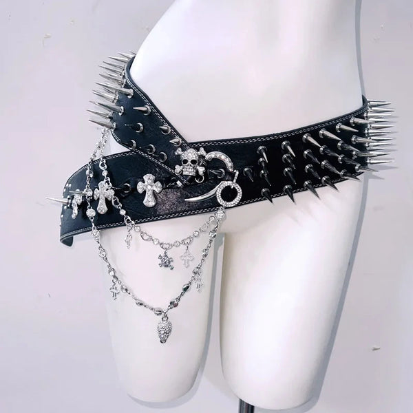 Skull applique rivet metal chain waist belt