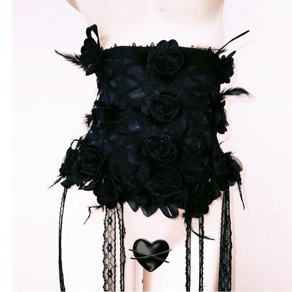 Feather flower applique lace hem corset