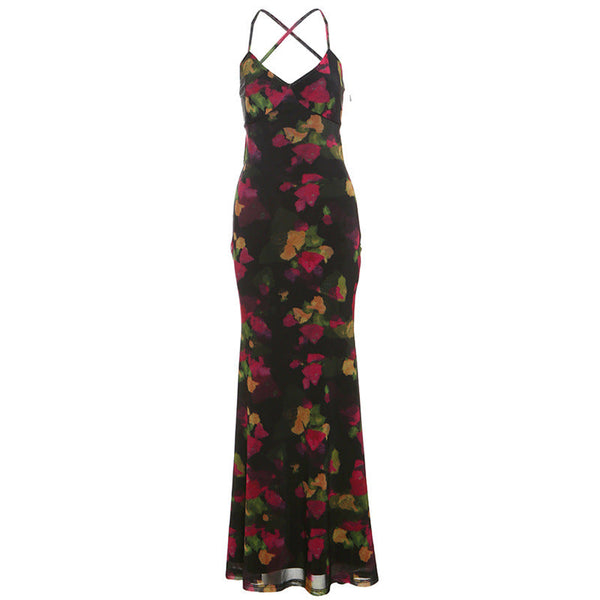 Print v neck cross back self tie cami maxi dress