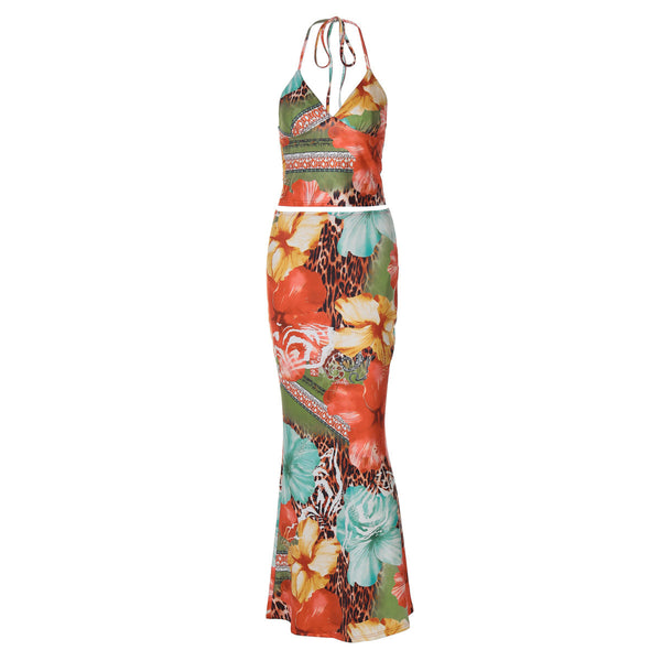 V neck self tie halter flower print maxi skirt set