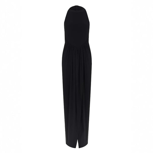 Crewneck slit sleeveless zip-up maxi dress