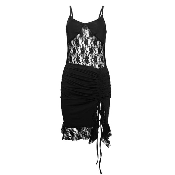 Drawstring ruched lace u neck cami mini dress