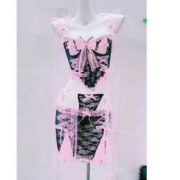 Lace bowknot ruffle backless cami mini skirt set