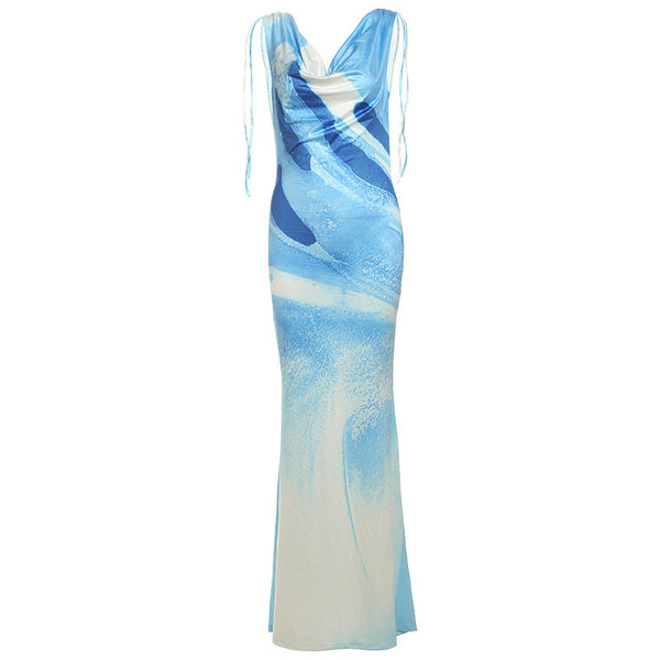 Cowl neck print backless contrast maxi dress