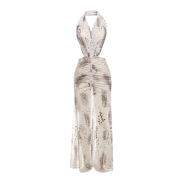 Ruched slit print halter mesh maxi dress