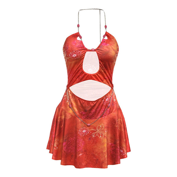 Metal chain halter hollow out print mini dress