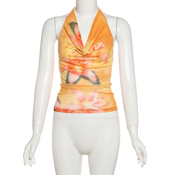 Halter flower print mesh cowl neck top